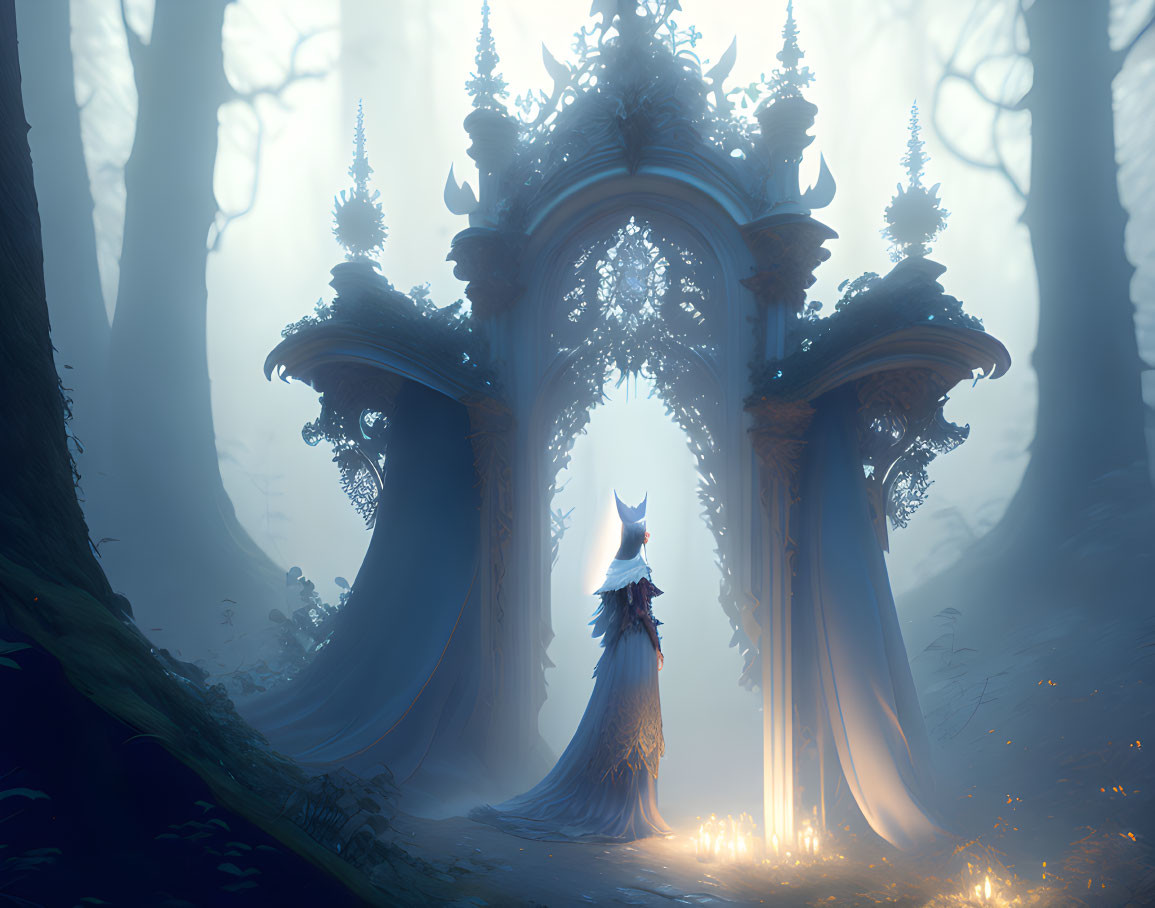 Mystical figure in cloak at ornate archway in foggy forest