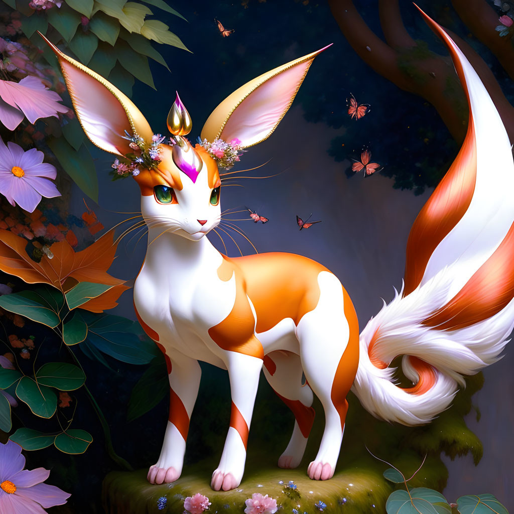 Orange and White Fox with Flowers in Mystical Forest