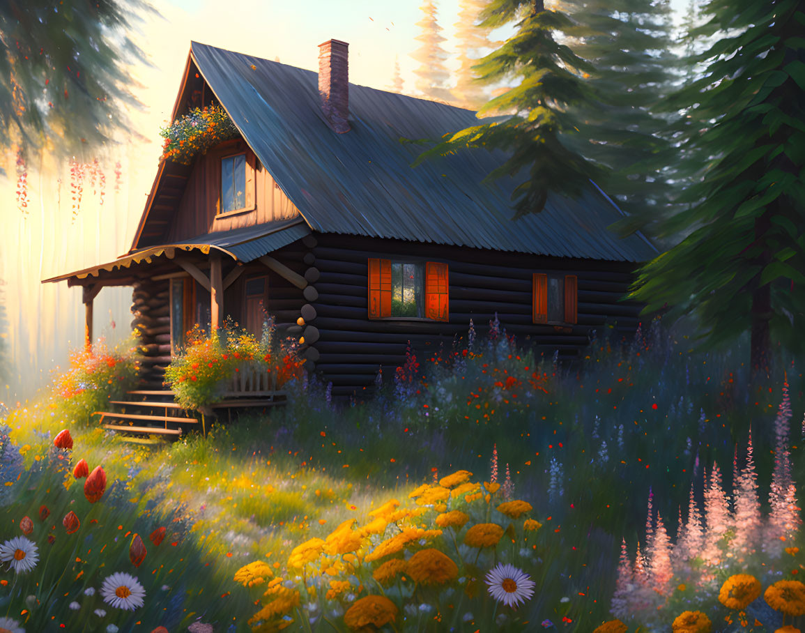 Cozy log cabin in flowery meadow at sunrise or sunset