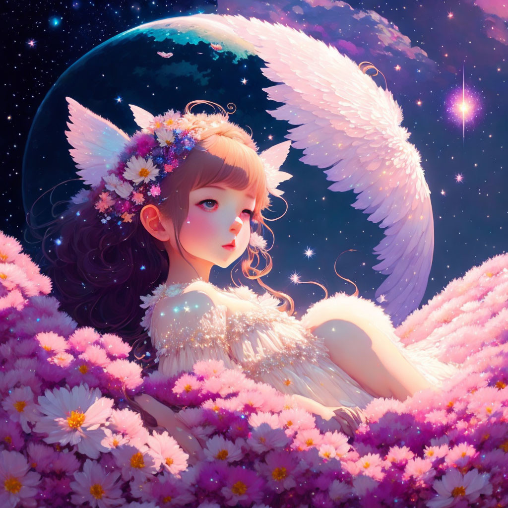 Illustration of angelic girl with white wings, flower crown, crescent moon backdrop