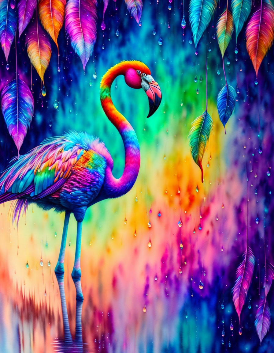 Colorful Flamingo in Psychedelic Landscape