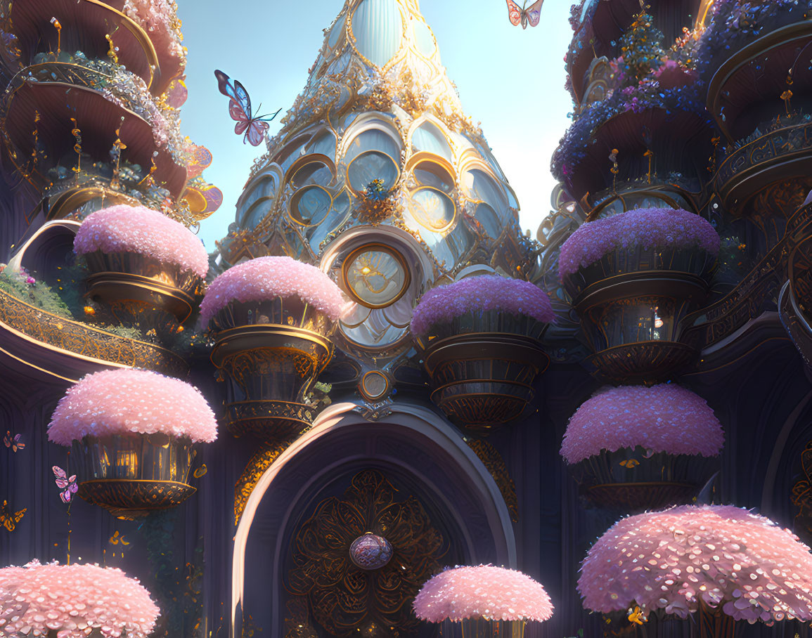 Fantasy building with golden details, pink trees, butterflies & warm light