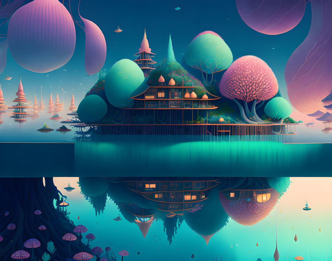 Surreal landscape with whimsical trees and floating islands reflected in tranquil lake