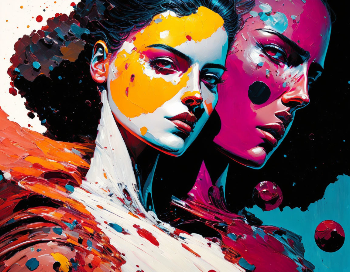 Colorful digital art: Two female faces in profile with vibrant splashes on dark backdrop