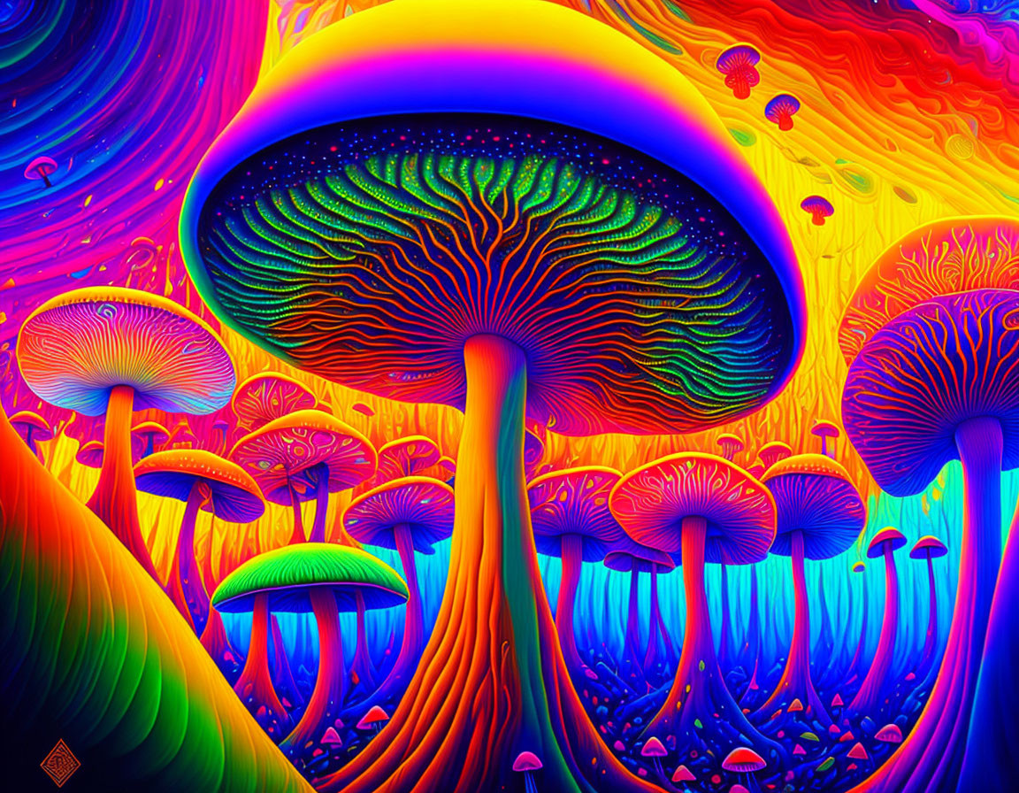 Colorful Psychedelic Mushroom Artwork with Swirling Background