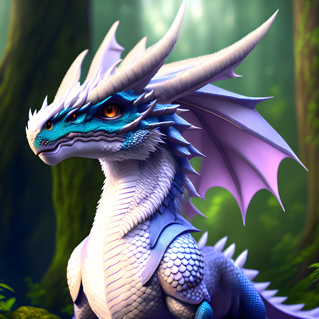 Detailed illustration: Majestic white dragon with blue underbelly and sharp horns in enchanted forest.