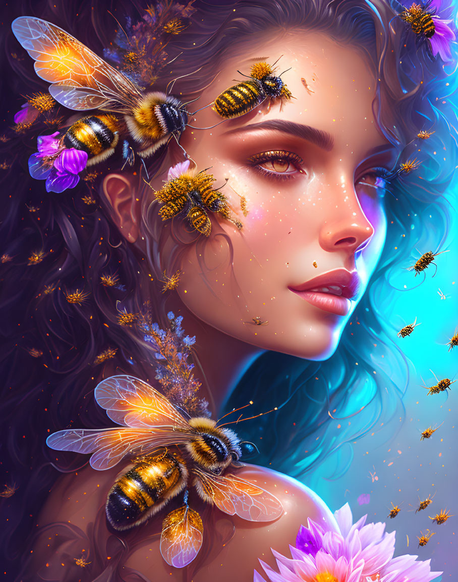 Colorful artwork of a woman with bees and flowers