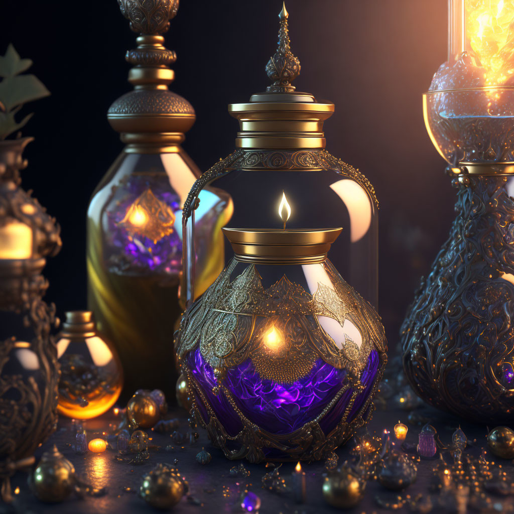 Intricate Design Lanterns with Colorful Gems on Dark Background