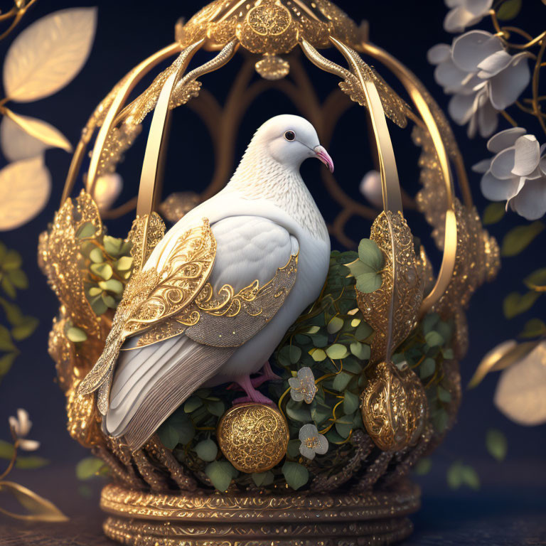 White Dove Inside Golden Ornate Cage with Leaves and Flowers