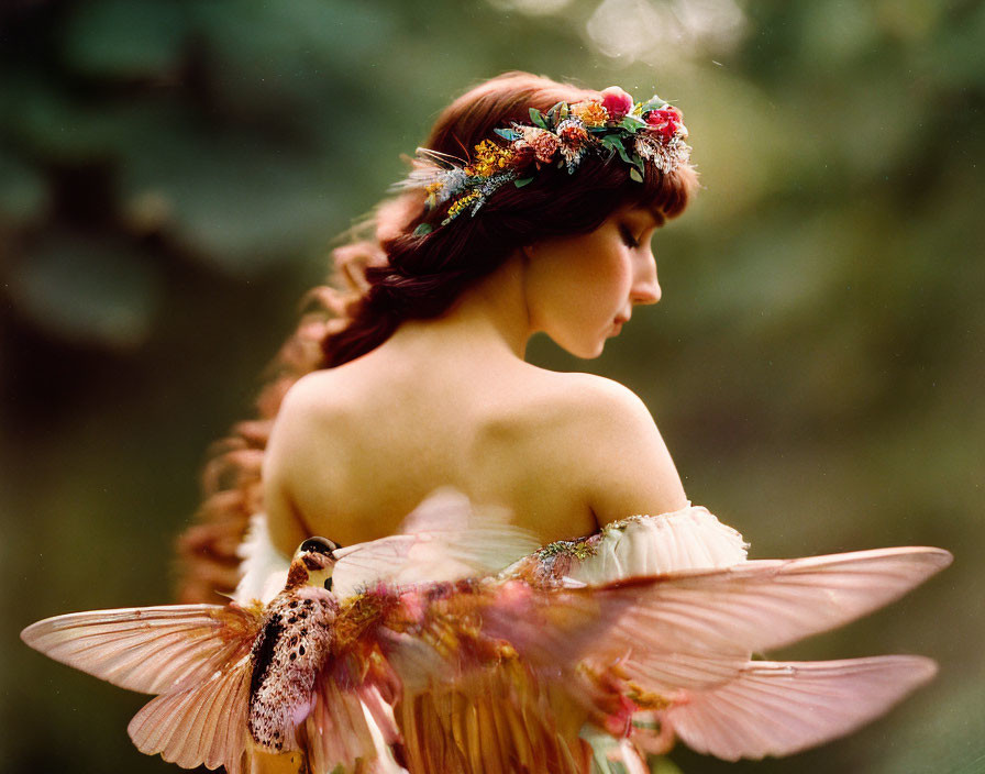 Mystical woman with floral headpiece and butterfly wings on green background