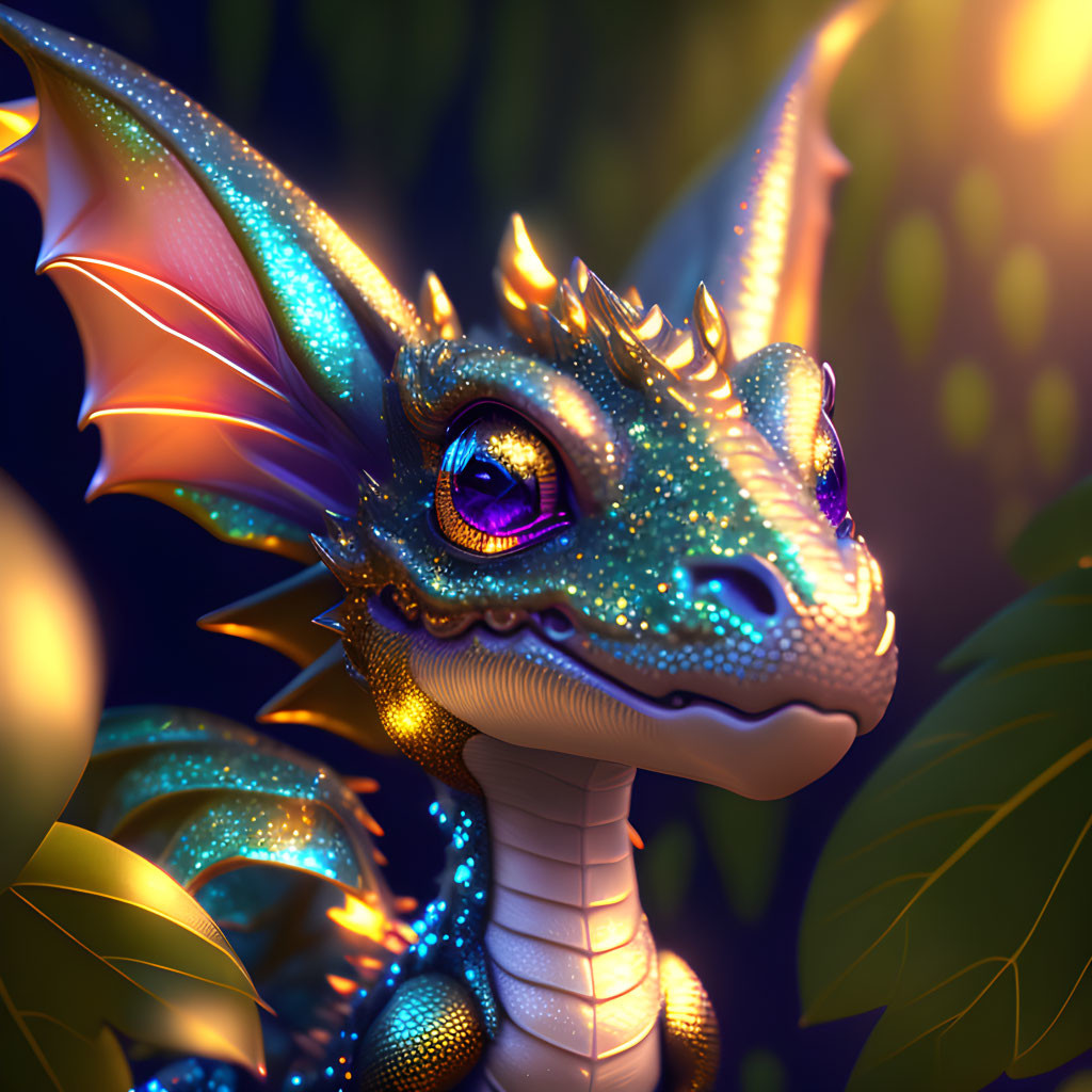 Colorful dragon digital art with blue scales, purple eyes, and luminous wings.