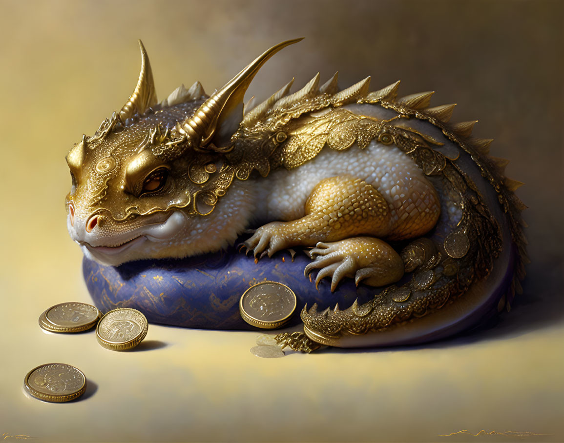 Golden dragon with coins, intricate scales, and horns exudes wealth and majesty