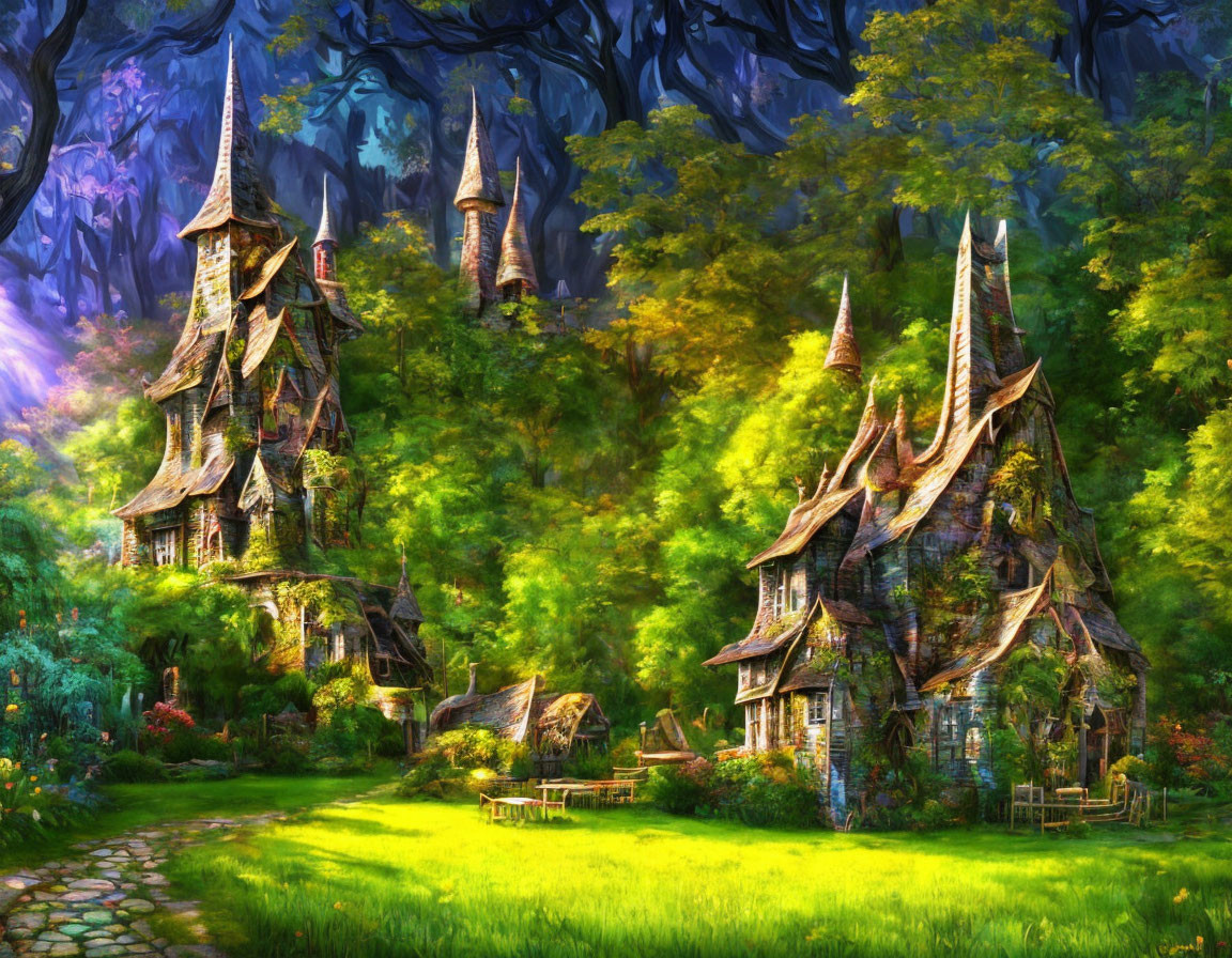 Whimsical houses in enchanted forest with vibrant greenery