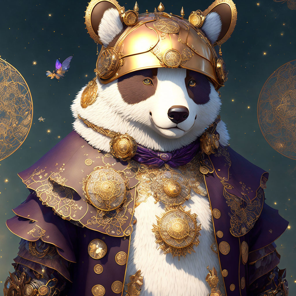 Anthropomorphic panda in golden armor with mystical orbs and butterfly