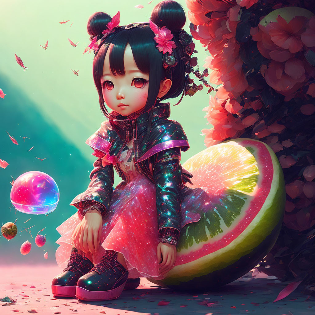 Stylized digital art: Young girl with black hair on watermelon with pink flowers.