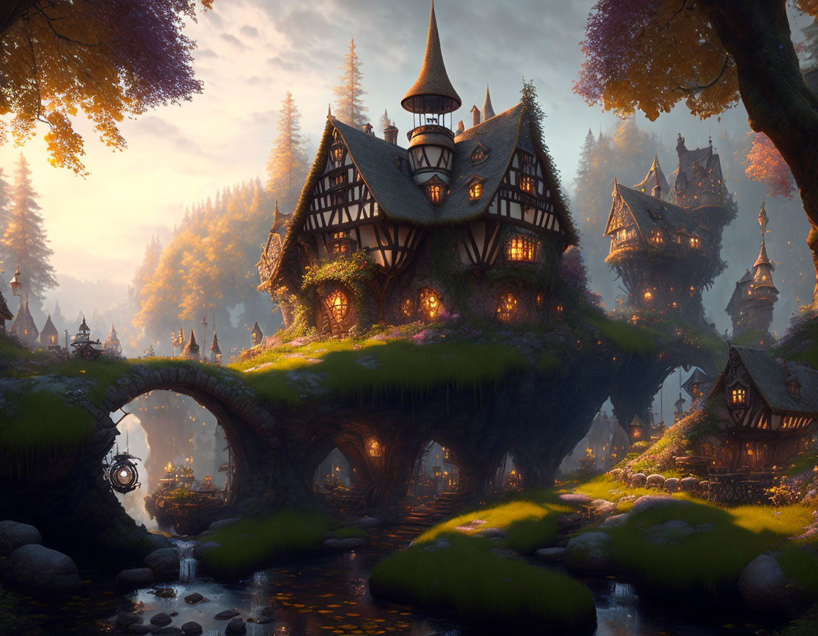 Fantasy Landscape: Storybook Cottages, Stone Bridges, Sunset Forest