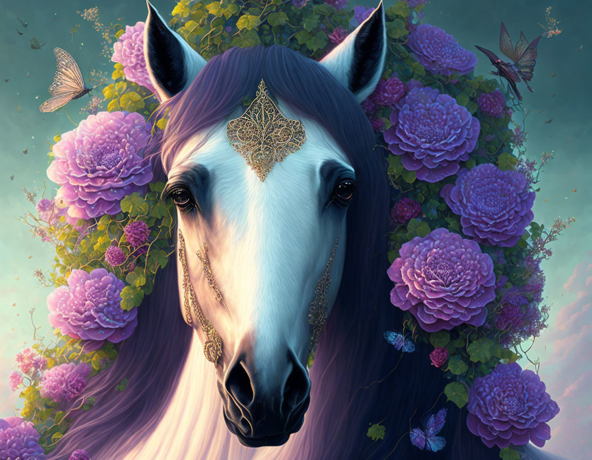 Majestic horse with decorative headpiece among purple hydrangeas and butterflies