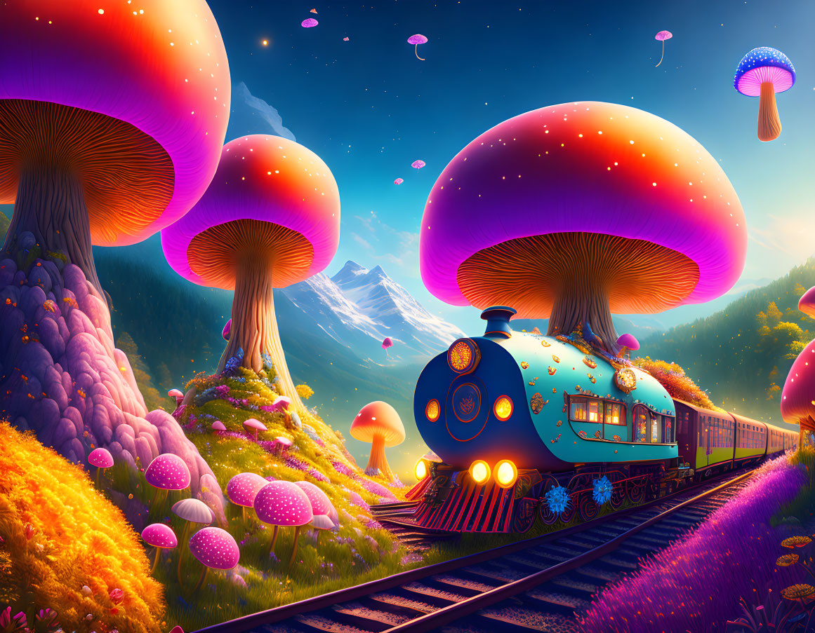 Fantastical landscape with glowing mushrooms and old-fashioned train