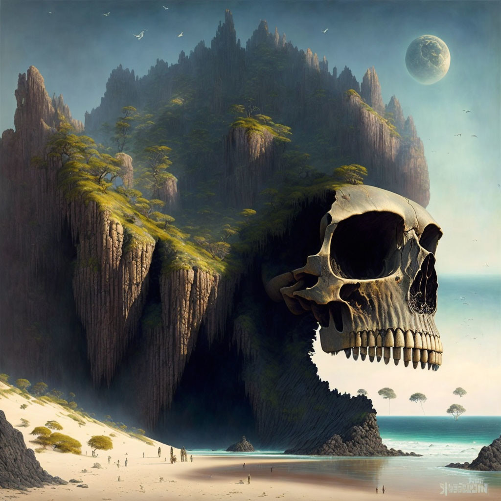 Skull-shaped mountain in lush landscape with moon and tiny figures