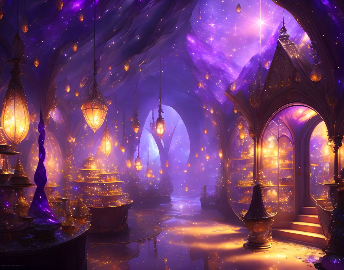 Purple-Hued Hall with Starry Motifs and Glowing Lanterns