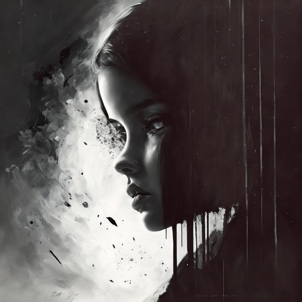 Monochrome artistic image of girl's profile dissolving into abstract smoke and splatters