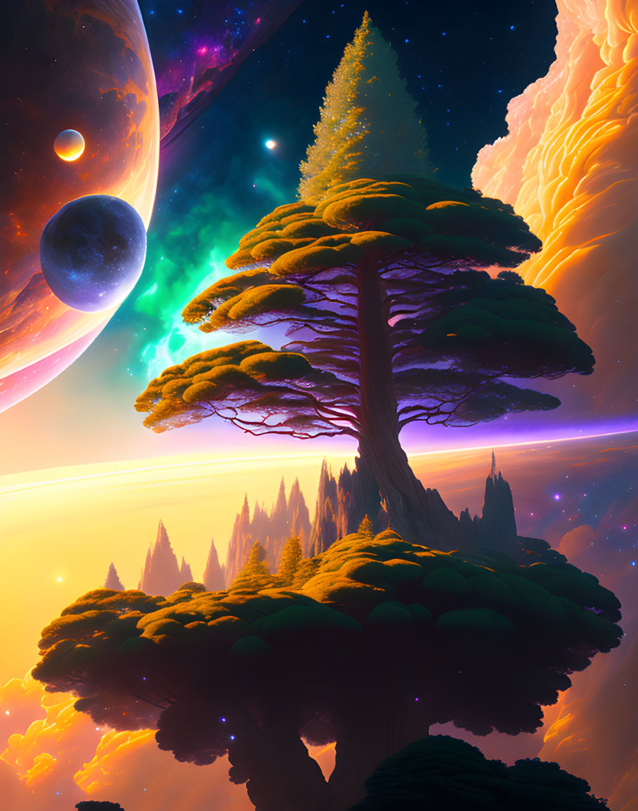 Sci-fi landscape with colossal tree and celestial backdrop