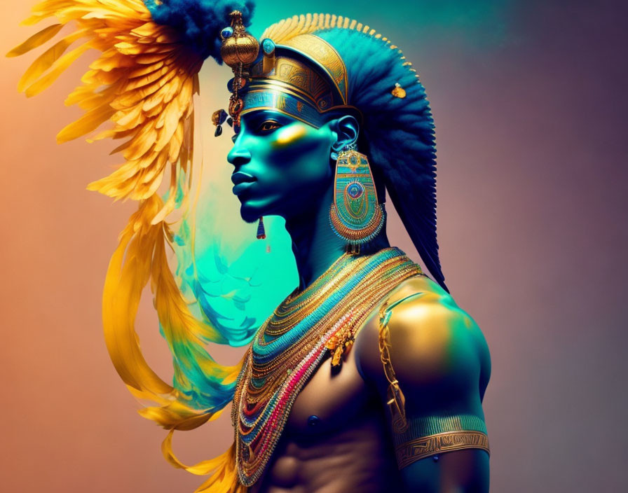 Blue-skinned person in Egyptian-inspired attire on gradient backdrop