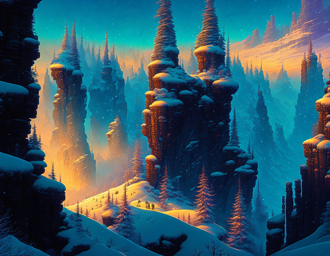 Snow-covered spires in twilight winter landscape