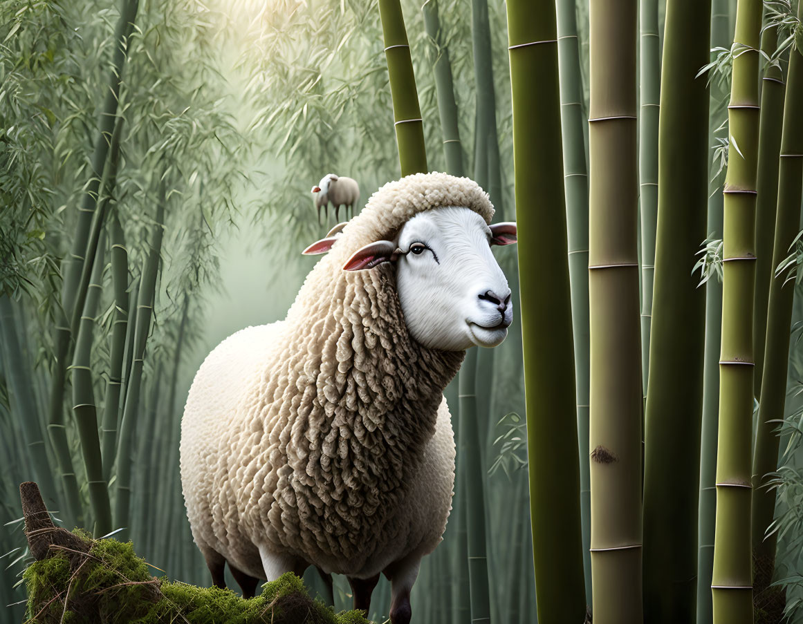 Digital Art: Sheep with Human-Like Face in Bamboo Forest