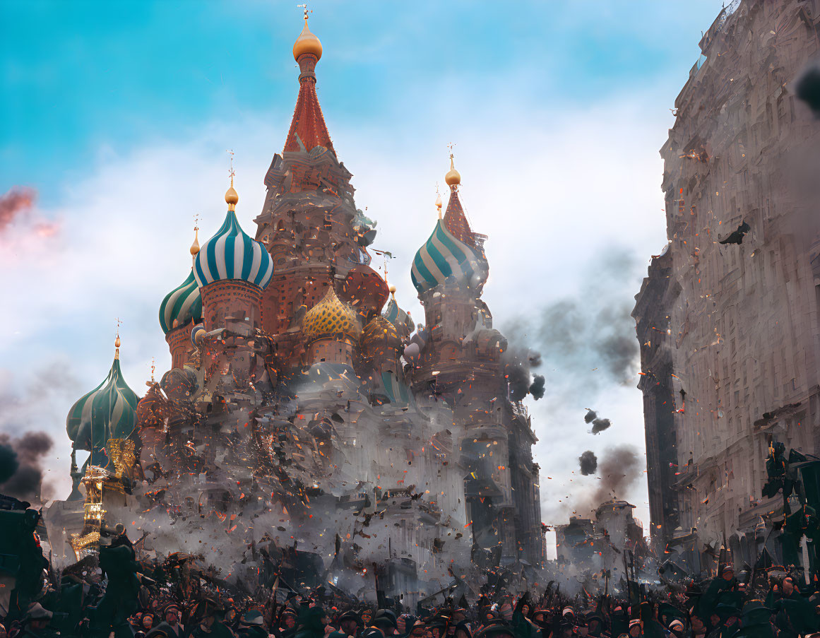 Explosive scene with Saint Basil's Cathedral backdrop and figures in motion