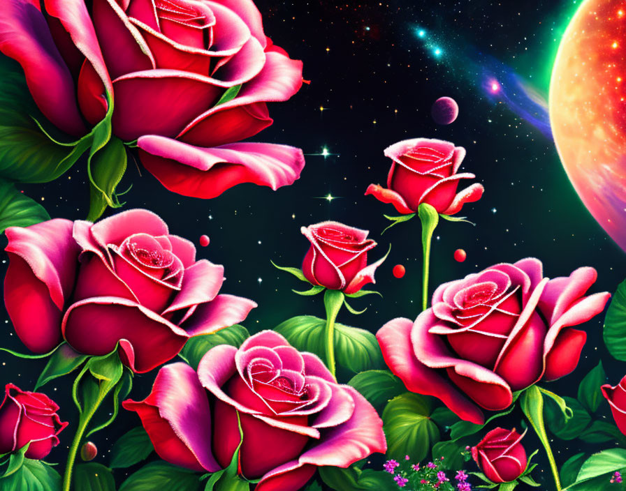 Vibrant red roses with dewdrops against cosmic backdrop with stars, floating petals, and planet.