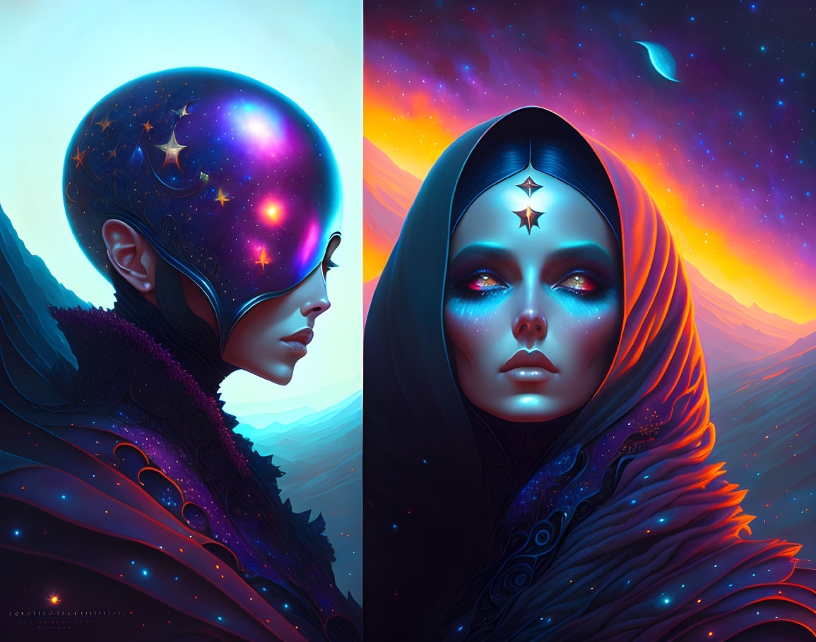 Stylized portraits with cosmic-themed head and starry makeup against vibrant galactic backdrop