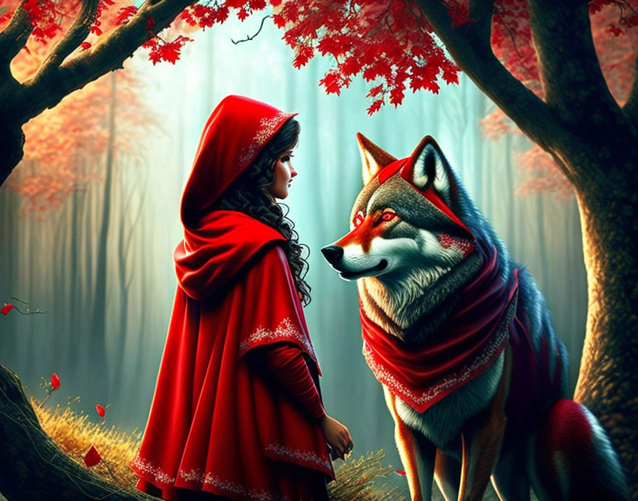 Young girl in red cloak confronts large wolf in mystical autumn forest