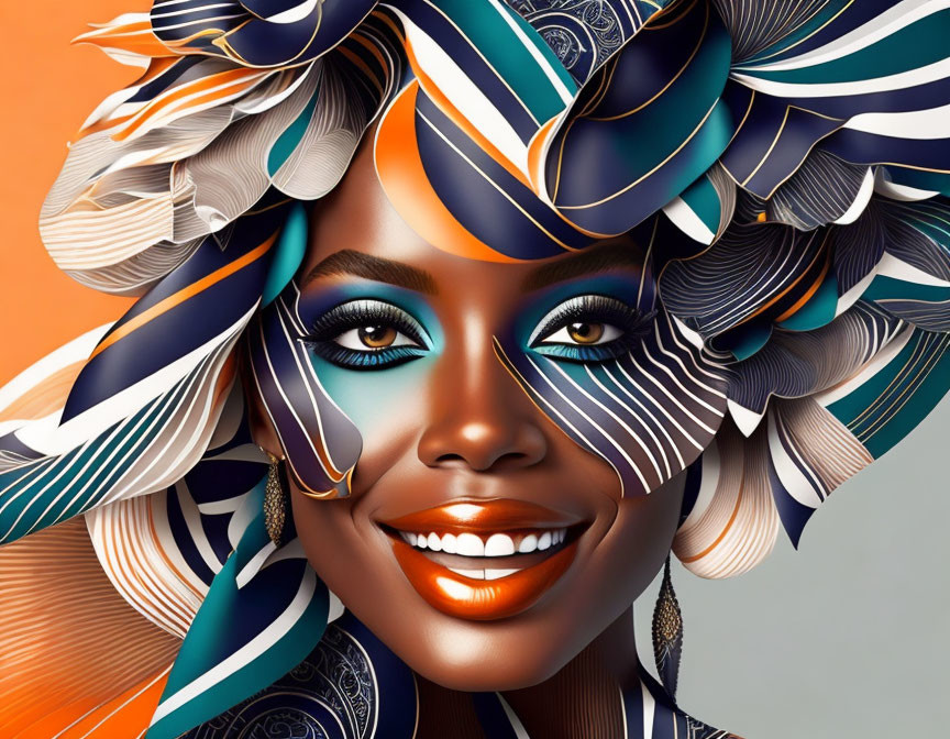 Colorful headwrap and blue eyeshadow on smiling woman in vibrant illustration