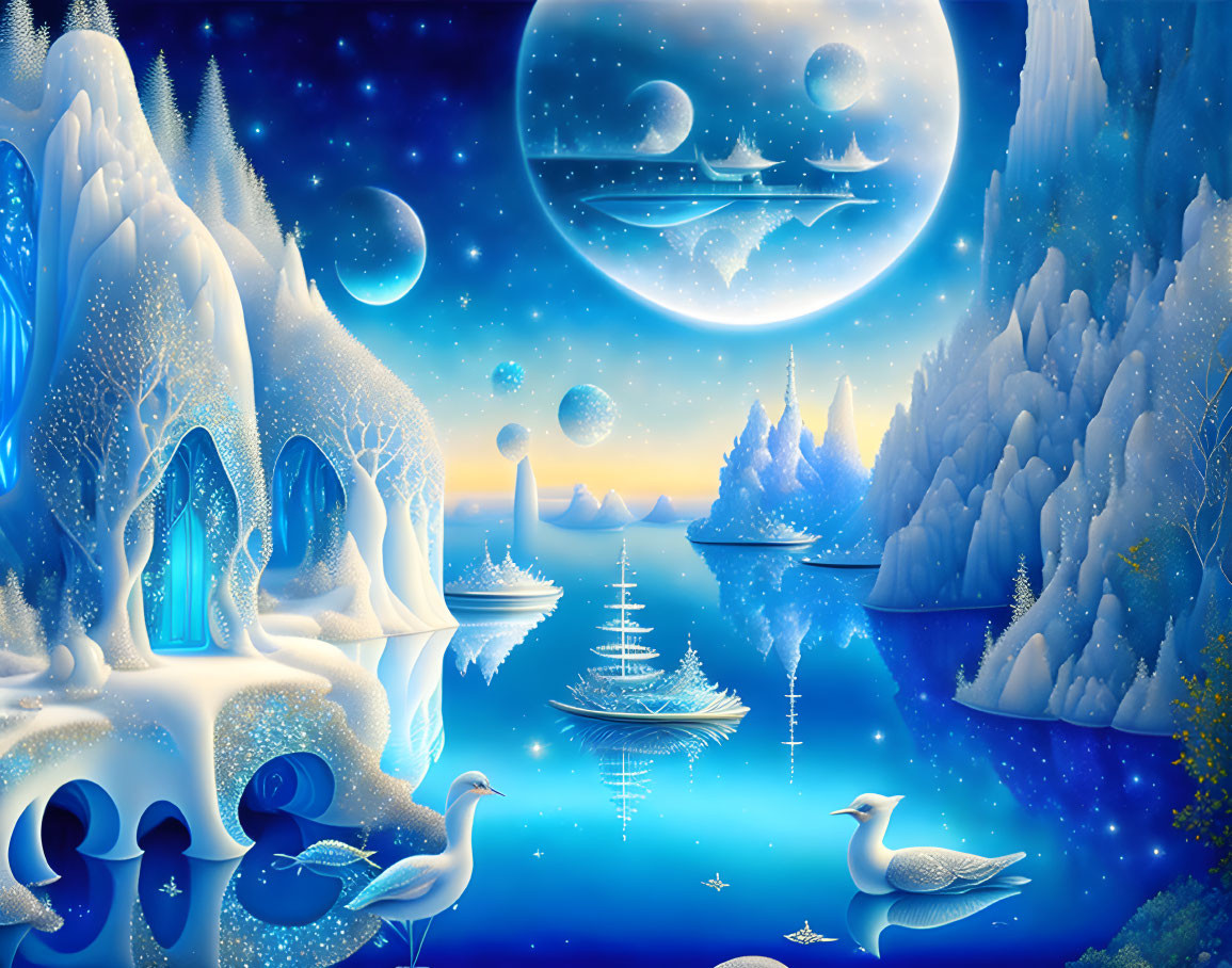 Icy Winter Night Scene with Moon, Planets, Luminous Trees, Birds, and Blue