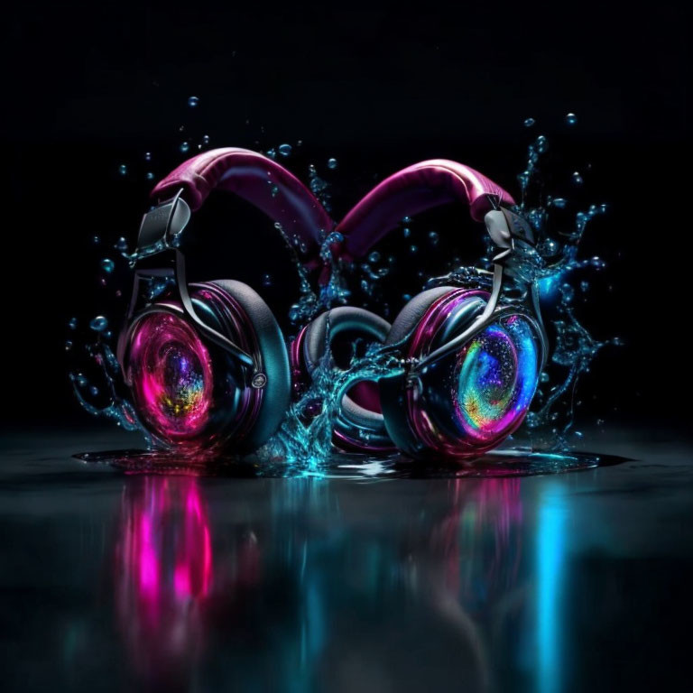 Neon-lit headphones on shiny surface with dynamic visual effects