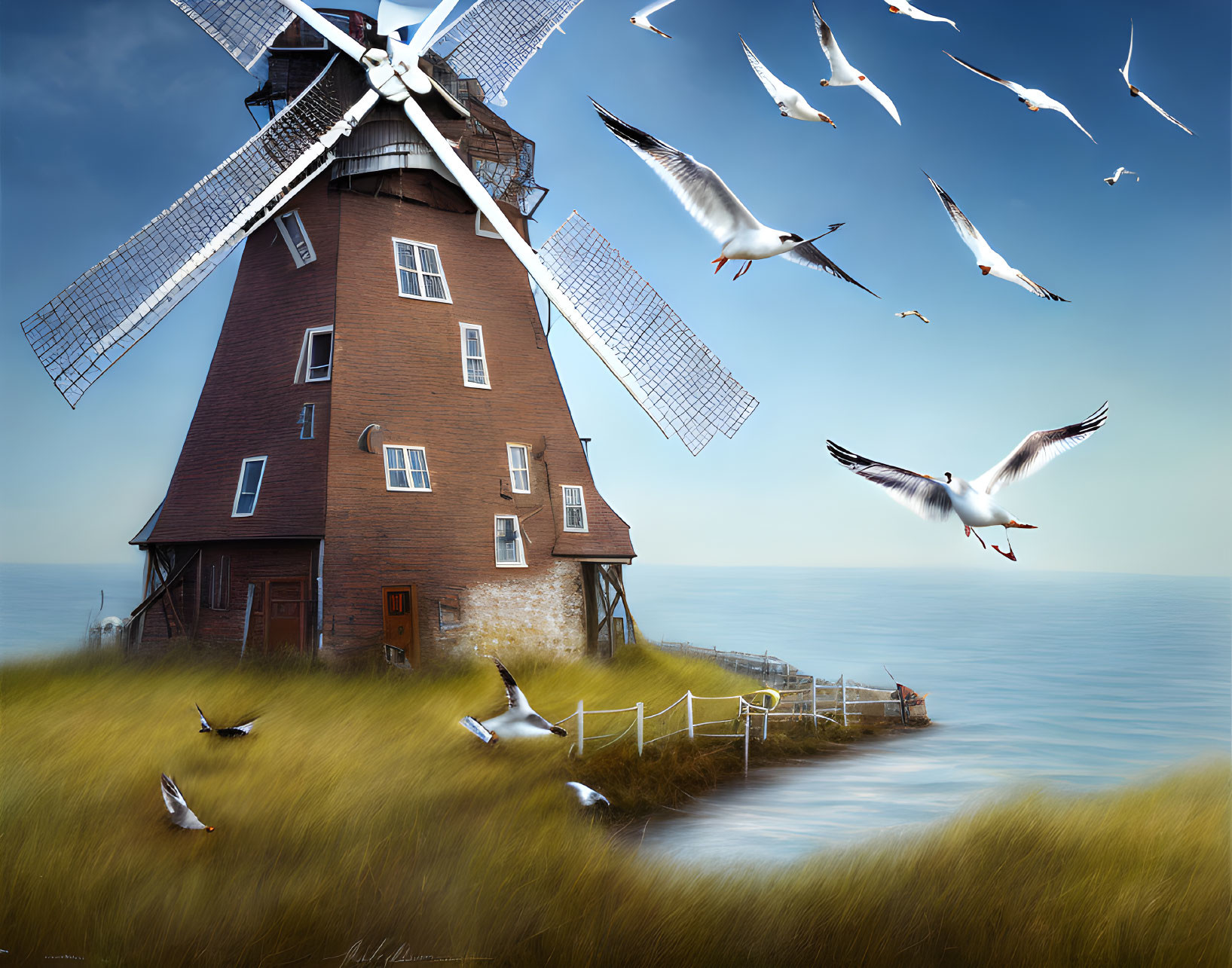 Windmill on Grass Cliff with Flying Seagulls in Blue Sky