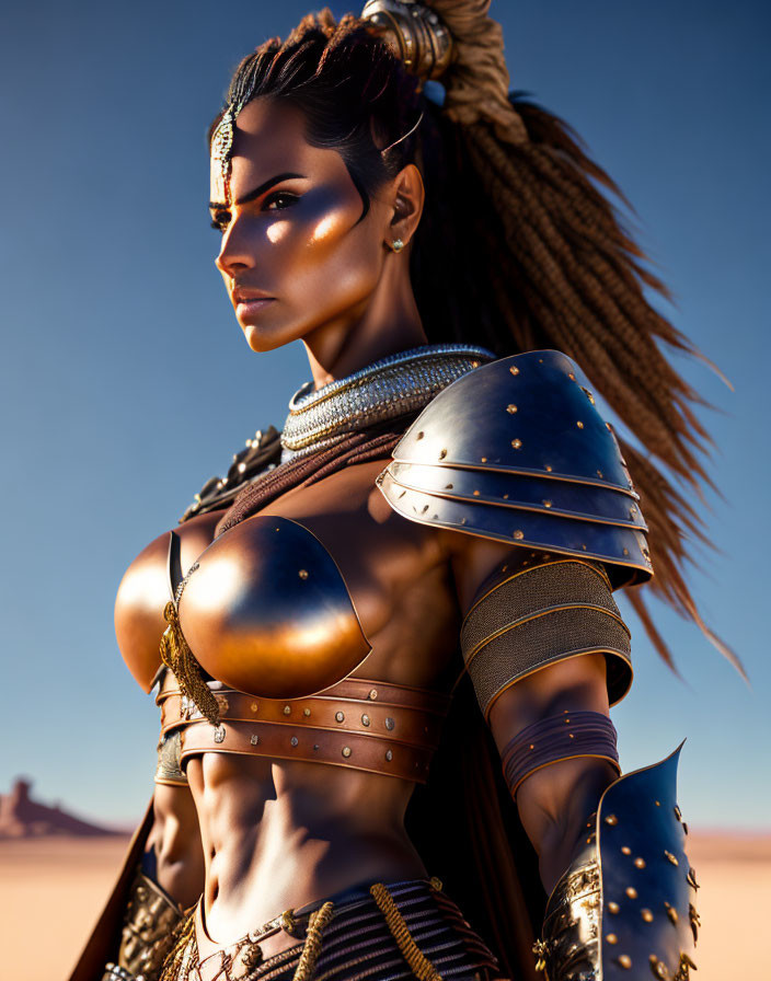 Warrior in Elaborate Armor Poses in Desert Setting