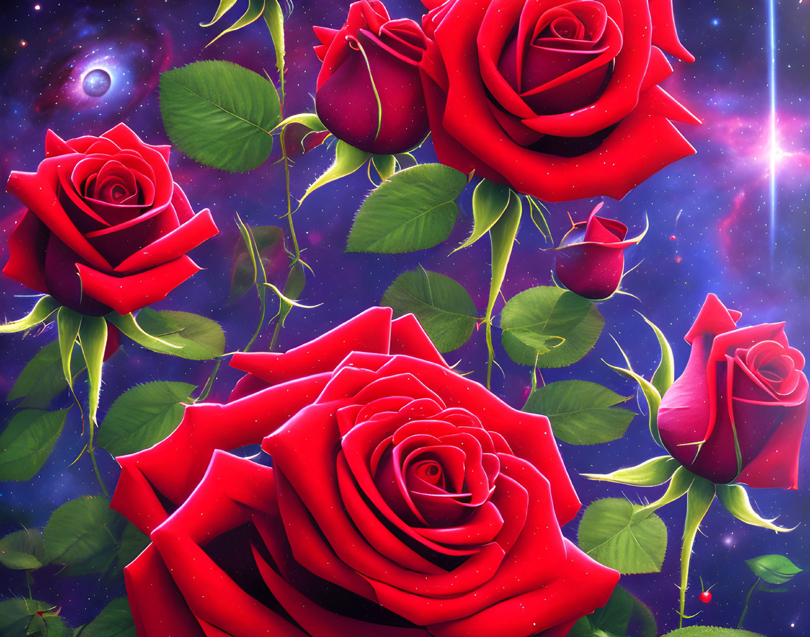 Red roses and cosmic backdrop with stars and nebulae for a romantic theme.