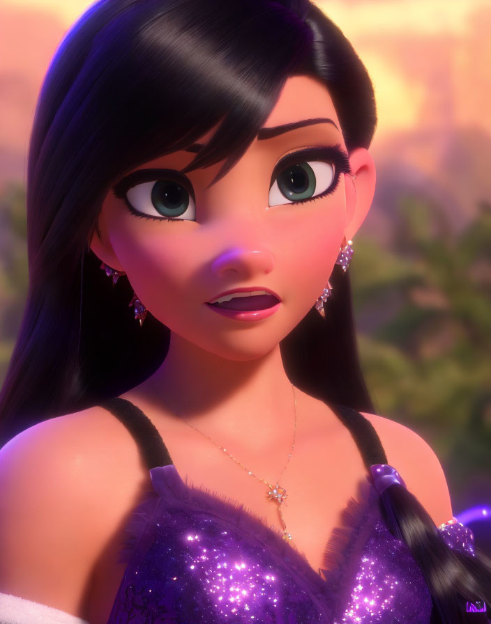 Detailed 3D animated female character with expressive eyes and purple dress on sunset backdrop