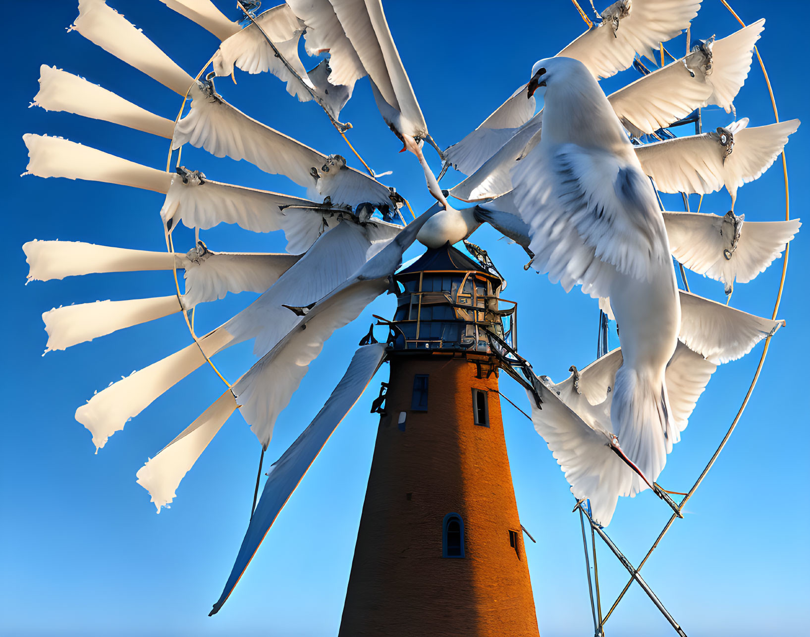 Surreal image of white doves on windmill blades against blue sky