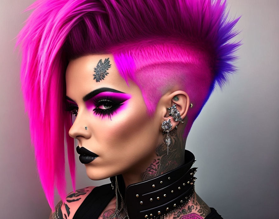 Vibrant pink mohawk hair, bold makeup, tattoos, and piercings