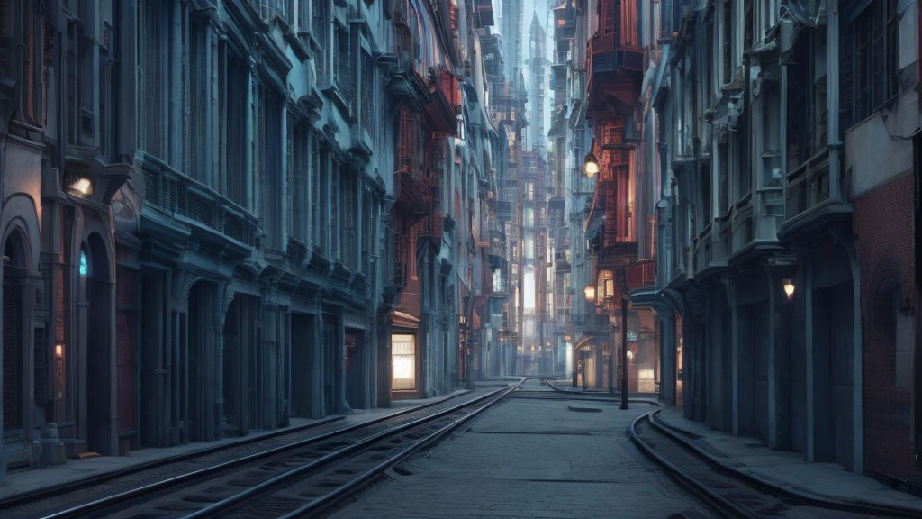 Dimly Lit Urban Alley with Railway Track and Tall Buildings