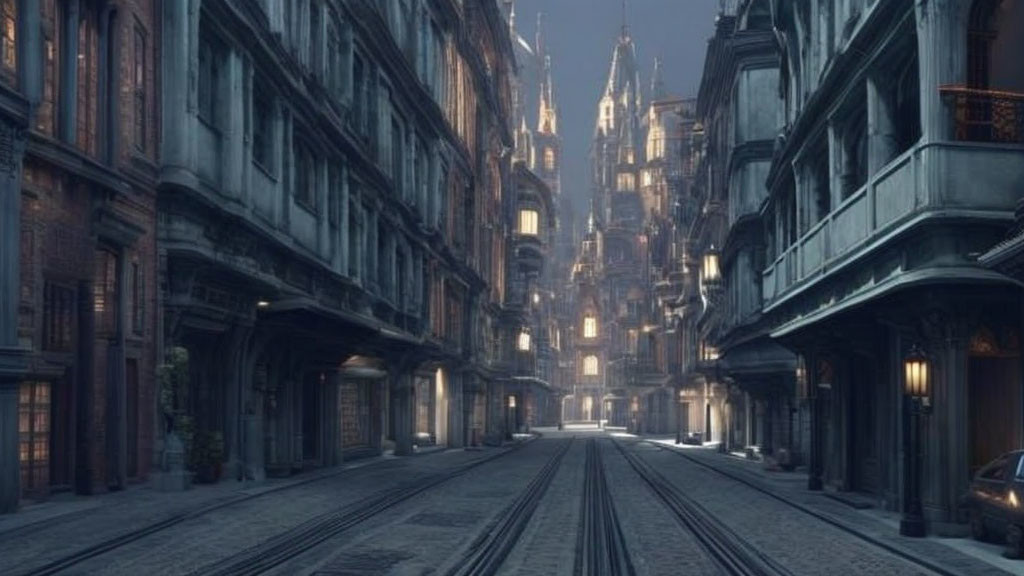 Desolate cobblestone street in gothic city with tram tracks and old towering buildings