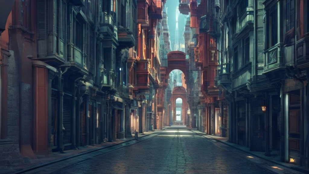 Futuristic city street with ornate buildings under mystical light