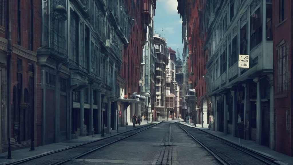 Desolate Urban Street with Vintage Buildings and Pedestrian