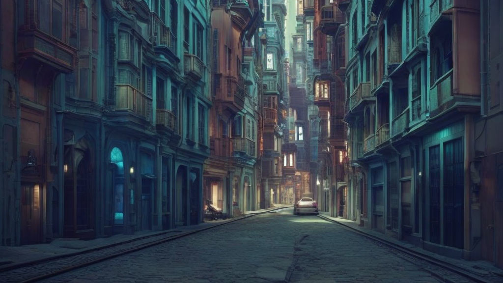 Historic urban street scene with aged buildings, car, and glowing windows at twilight