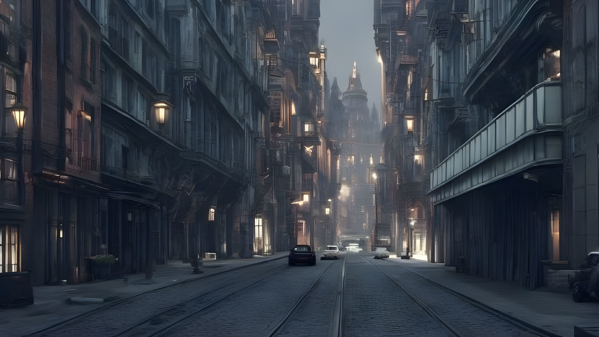 Misty Gothic cityscape at dawn or dusk with lone car and golden lights