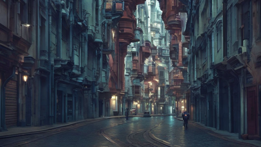 Futuristic city street with tall buildings and solitary figure at night