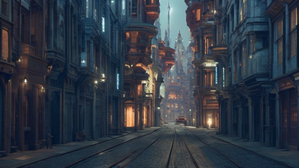 Gothic city street scene with tram tracks at dusk